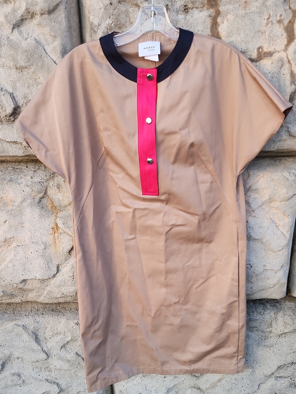 Akris Punto Gabardine Short Sleeve Shift Dress with Pink Placket Size 6